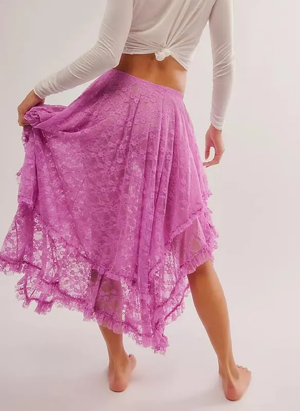 Women Lace Ruffle Courtship Half Slip Elastic Waist Asymmetrical Hemline Midi Skirts Semi Sheer Layered Maxi Skirts