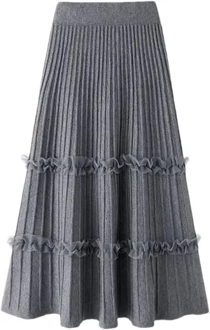 Women Lace Ruffle Knitted Midi Pleated Skirt High Waist Stitching A-Line Long Umbrella Skirt