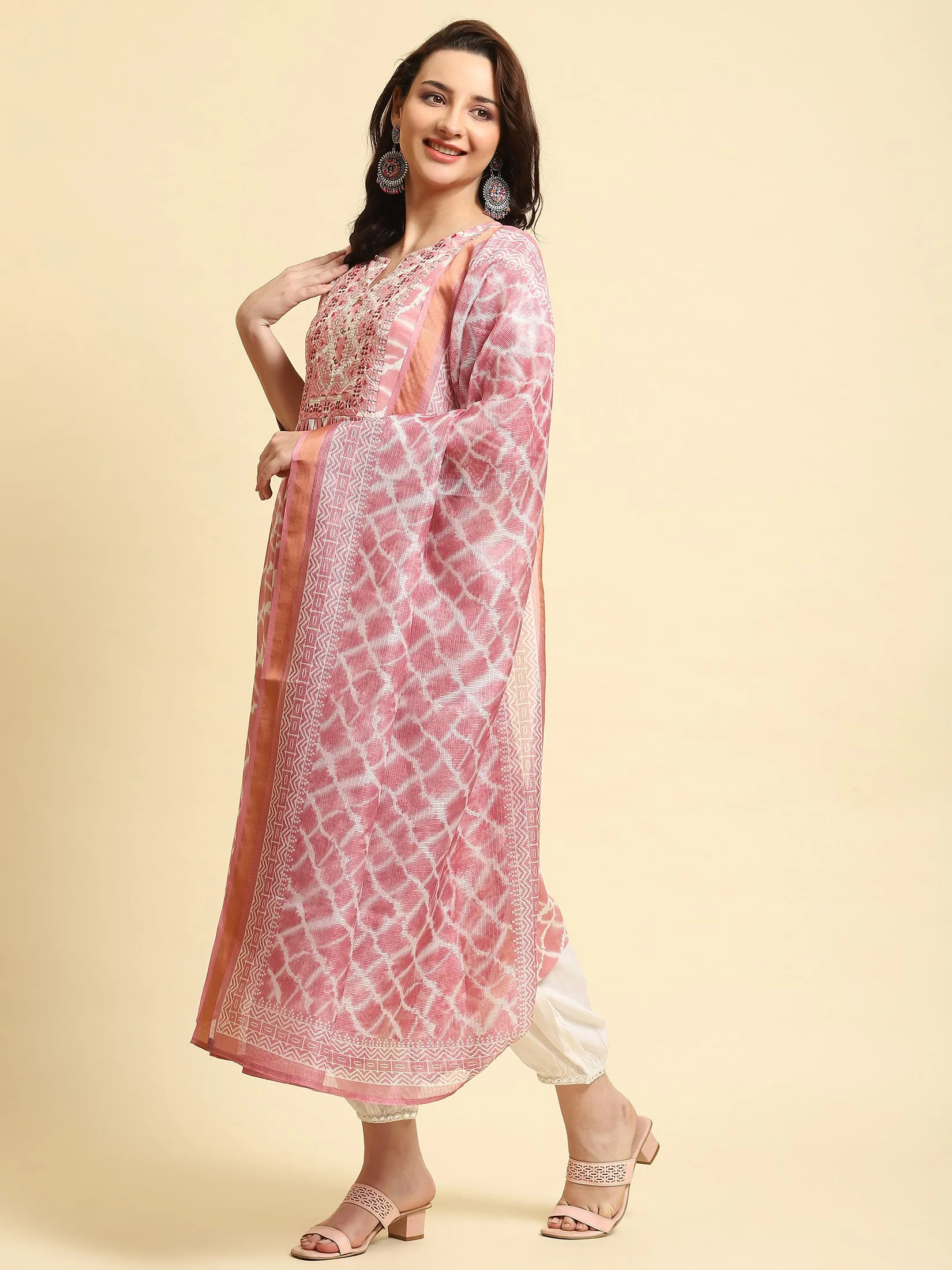 Women Pink Tie Dye Printed Kurta Harem Pant Dupatta