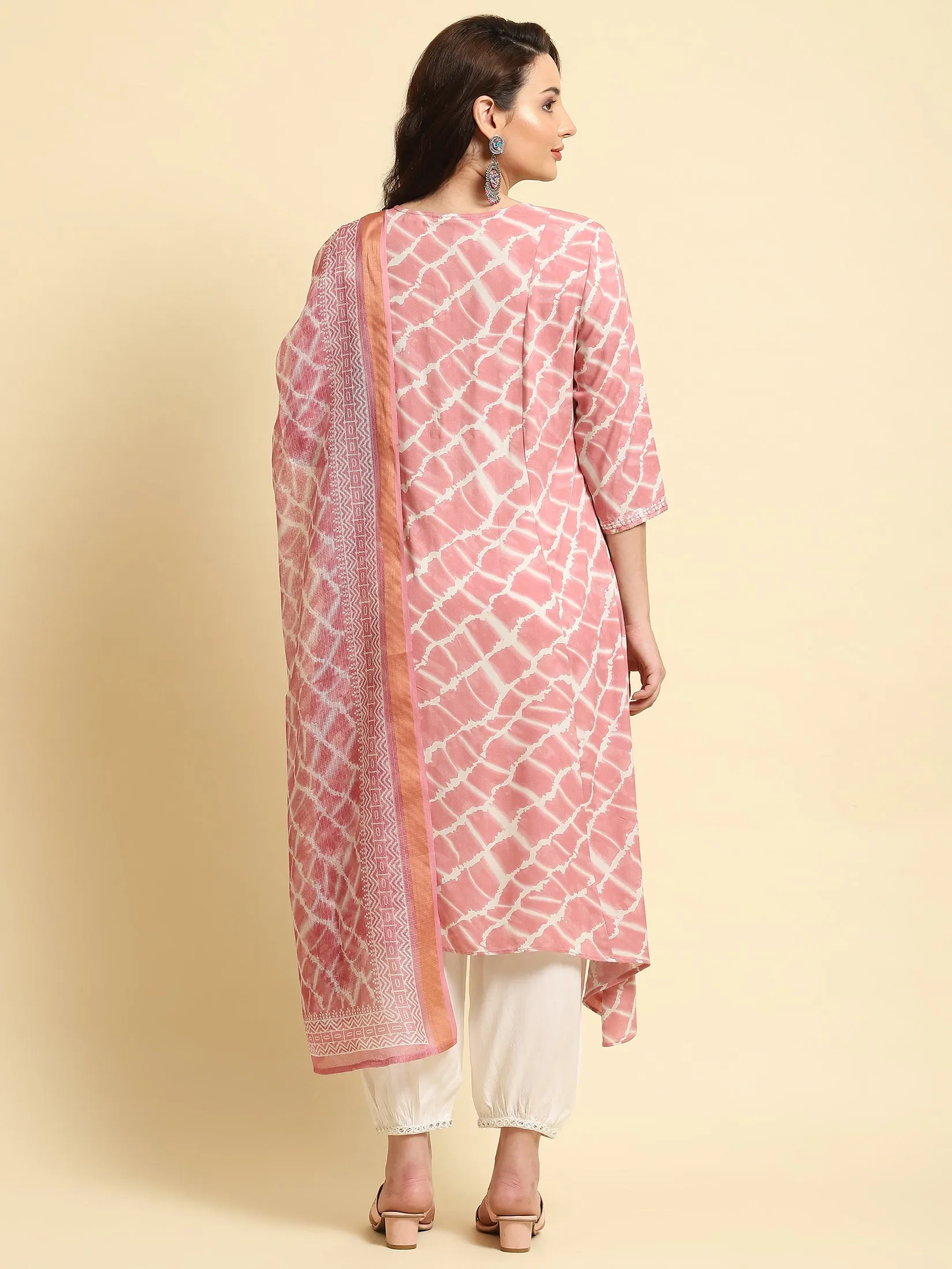 Women Pink Tie Dye Printed Kurta Harem Pant Dupatta
