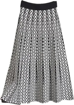 Women Plaid Printed Knitted Pleated Skirt Vintage Stretch High Waiste Midi Long Skirts