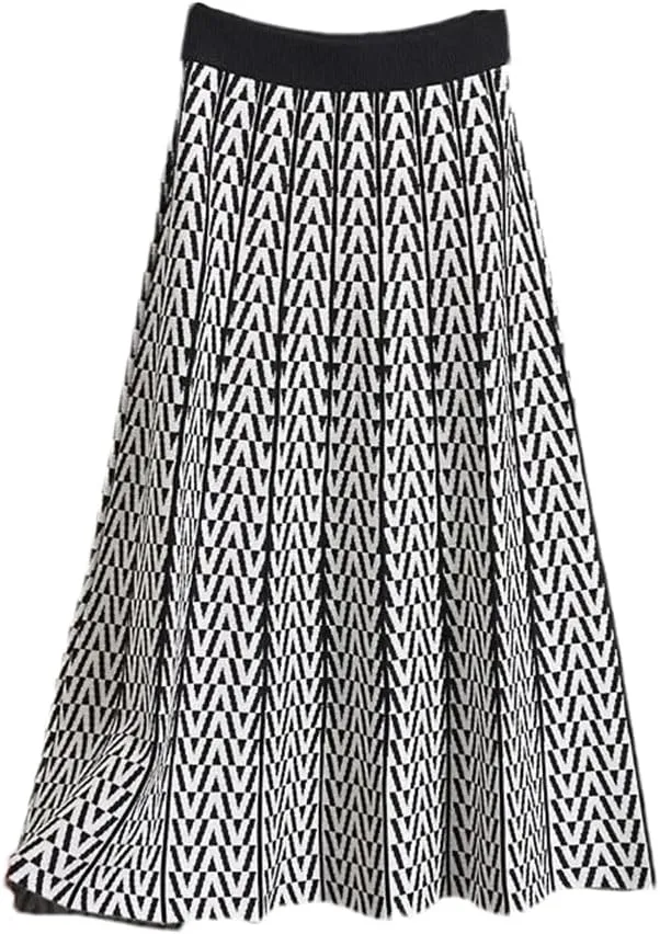 Women Plaid Printed Knitted Pleated Skirt Vintage Stretch High Waiste Midi Long Skirts