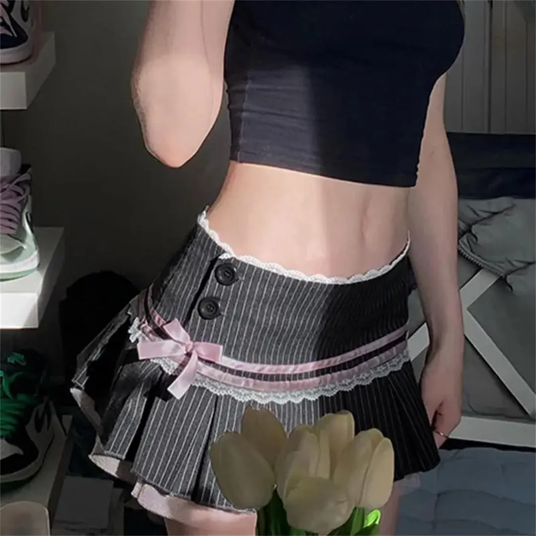 Women Pleated Skirt Stripe Bowknot Aesthetic Lace Patchwork High-Waist Skirt