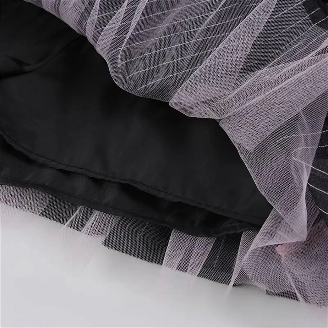 Women Pleated Skirt Stripe Bowknot Aesthetic Lace Patchwork High-Waist Skirt