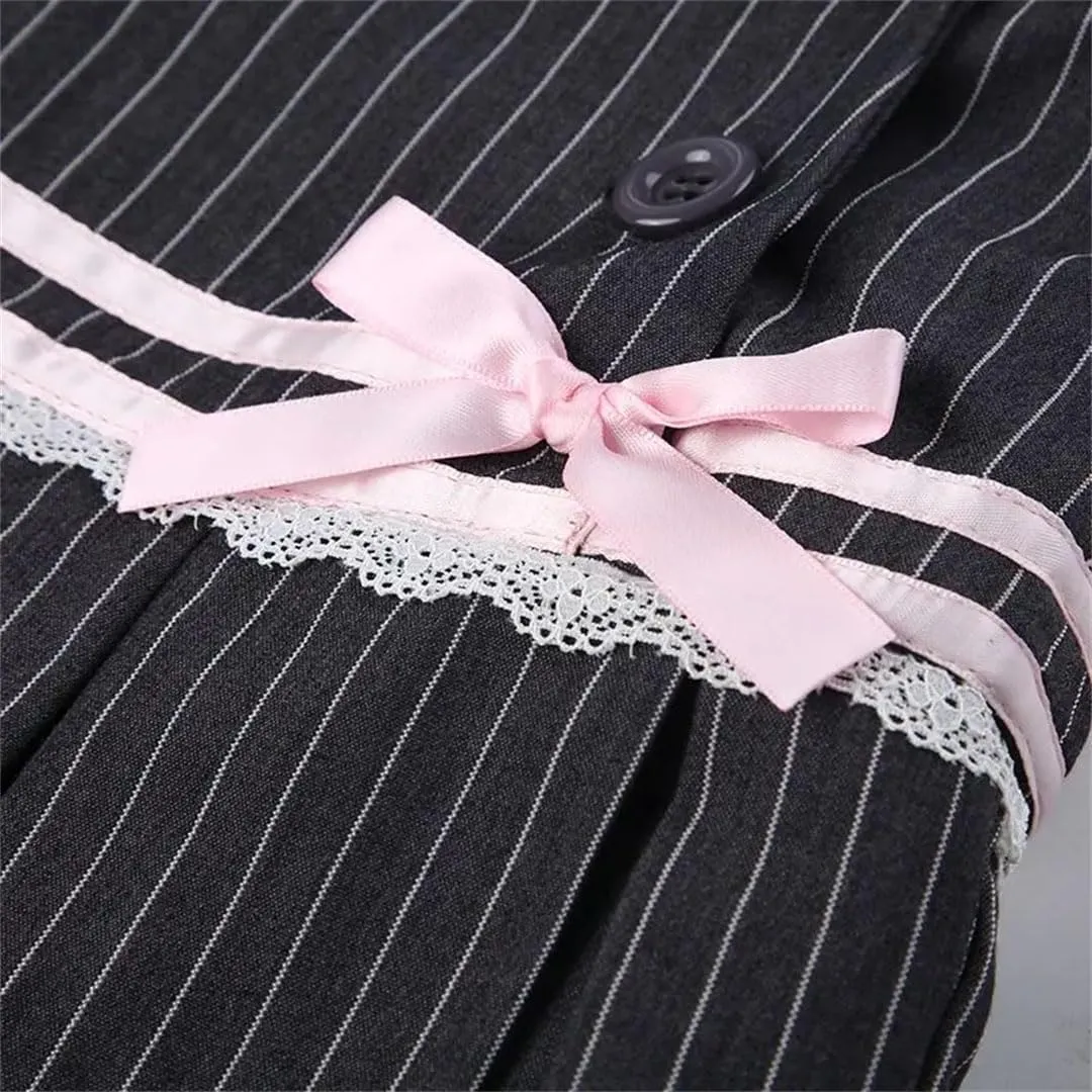 Women Pleated Skirt Stripe Bowknot Aesthetic Lace Patchwork High-Waist Skirt
