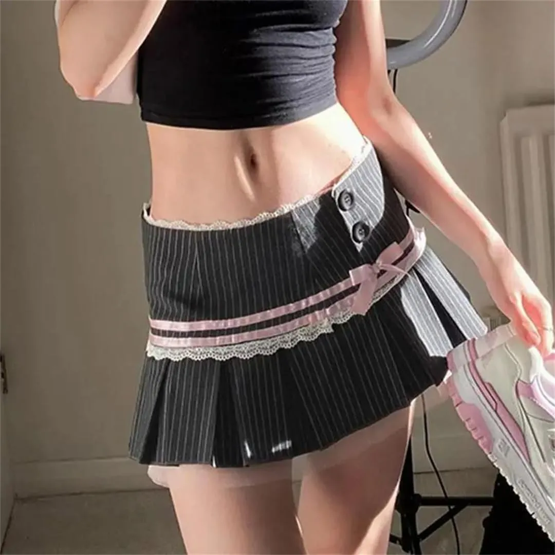 Women Pleated Skirt Stripe Bowknot Aesthetic Lace Patchwork High-Waist Skirt