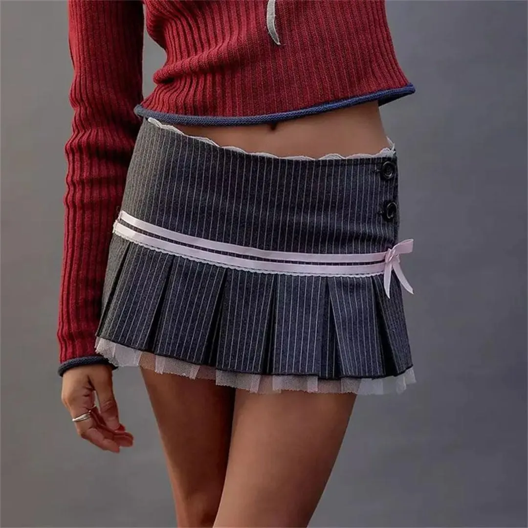Women Pleated Skirt Stripe Bowknot Aesthetic Lace Patchwork High-Waist Skirt