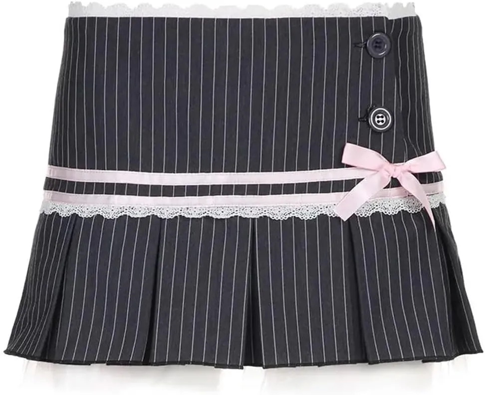 Women Pleated Skirt Stripe Bowknot Aesthetic Lace Patchwork High-Waist Skirt