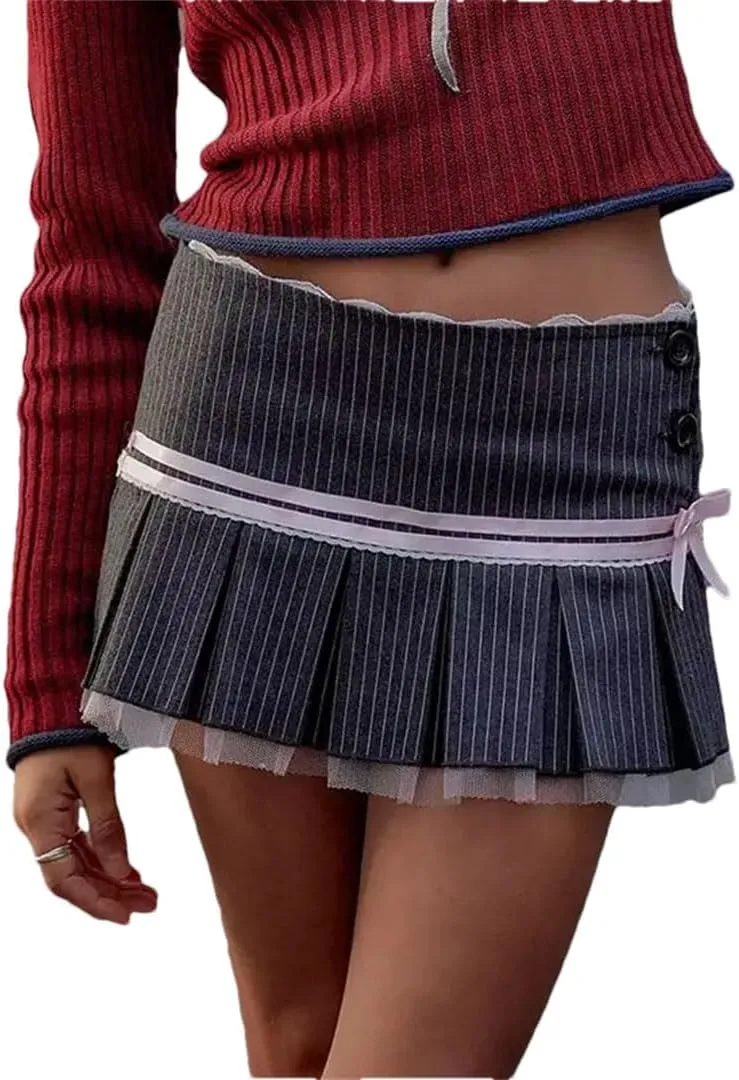 Women Pleated Skirt Stripe Bowknot Aesthetic Lace Patchwork High-Waist Skirt