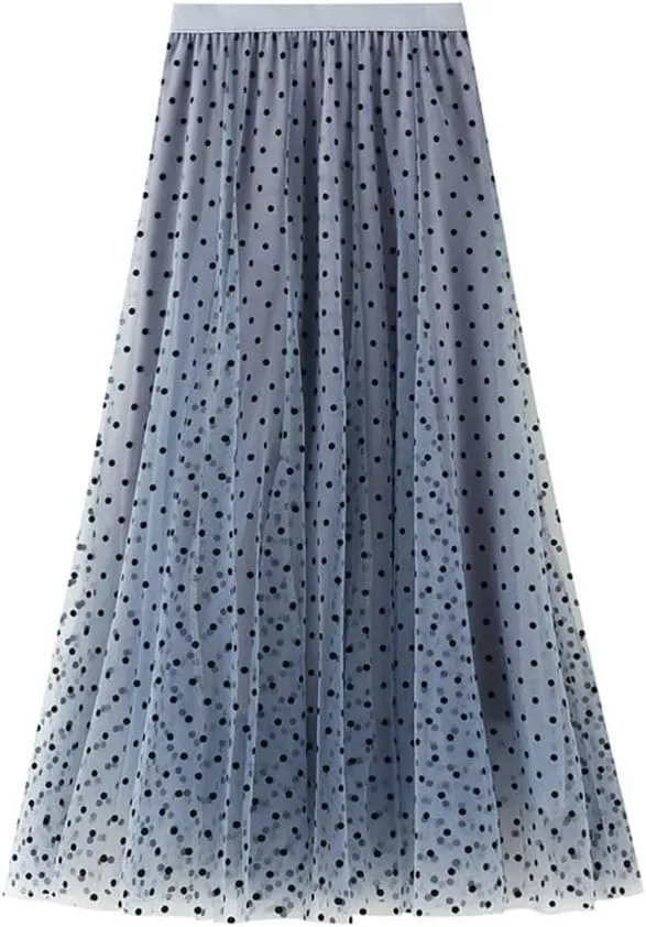 Women Polka Dot Tulle Skirt Casual Elastic High Waist A-Line Mesh Midi Skirts
