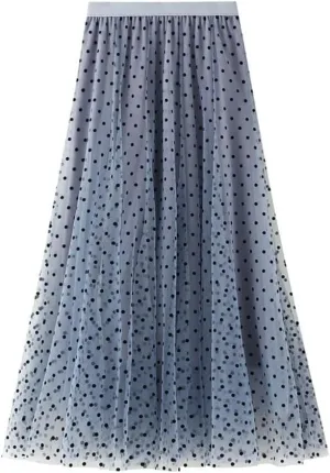 Women Polka Dot Tulle Skirt Casual Elastic High Waist A-Line Mesh Midi Skirts