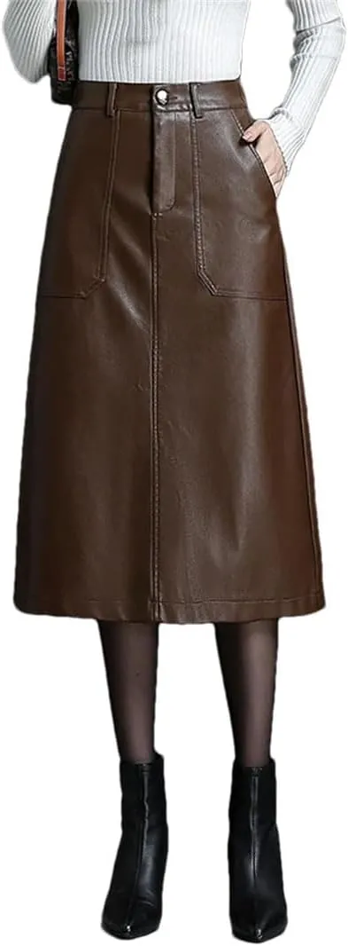 Women Pu Leather A-Line Skirt Elastic Waist Slant Pocket Skirts Midi Casual Solid Skirt