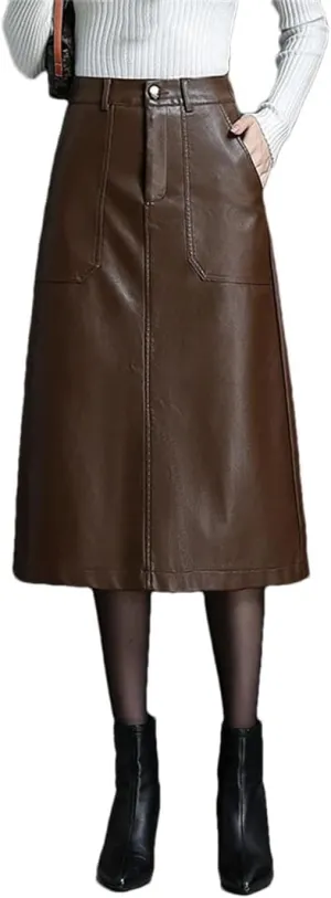 Women Pu Leather A-Line Skirt Elastic Waist Slant Pocket Skirts Midi Casual Solid Skirt