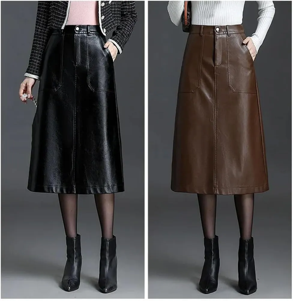 Women Pu Leather A-Line Skirt Elastic Waist Slant Pocket Skirts Midi Casual Solid Skirt