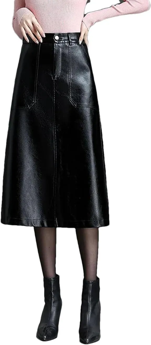 Women Pu Leather A-Line Skirt Elastic Waist Slant Pocket Skirts Midi Casual Solid Skirt