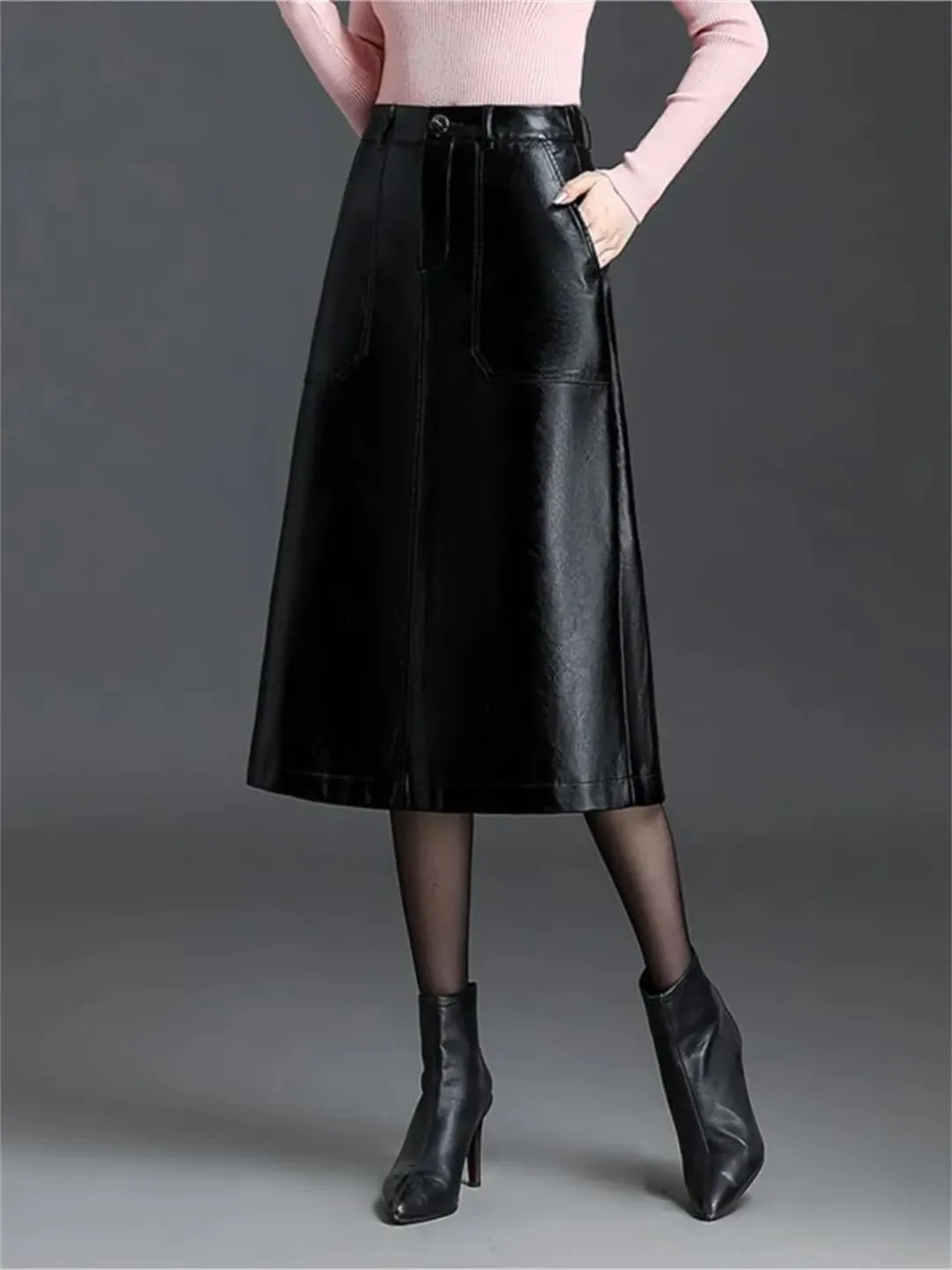 Women Pu Leather A-Line Skirt Elastic Waist Slant Pocket Skirts Midi Casual Solid Skirt