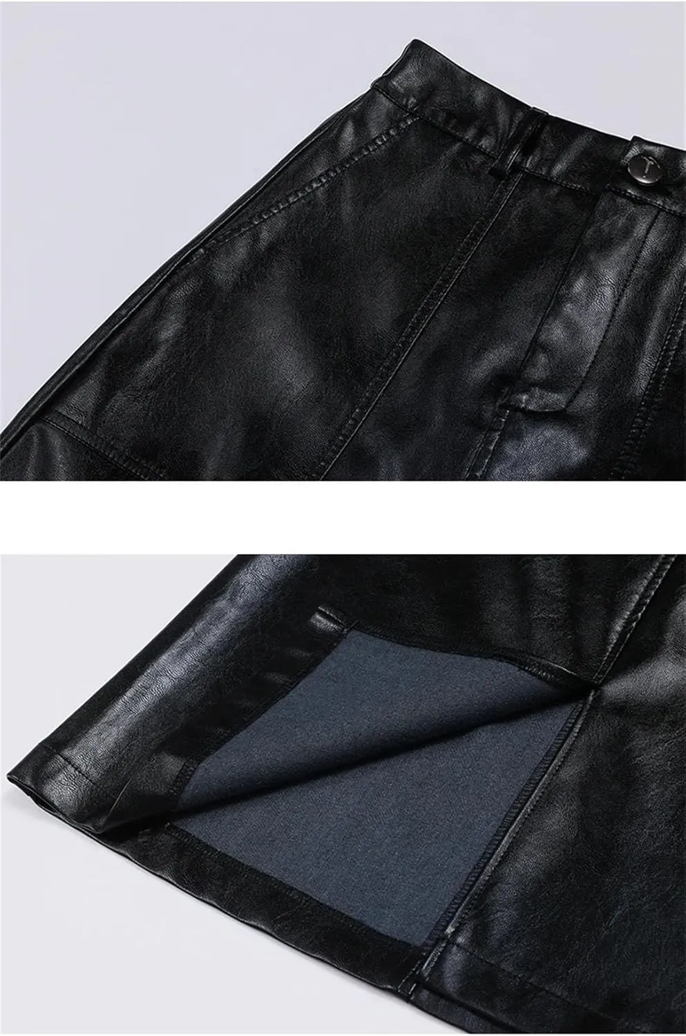 Women Pu Leather A-Line Skirt Elastic Waist Slant Pocket Skirts Midi Casual Solid Skirt