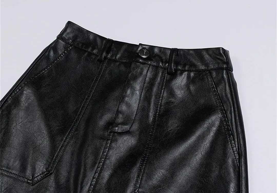 Women Pu Leather A-Line Skirt Elastic Waist Slant Pocket Skirts Midi Casual Solid Skirt