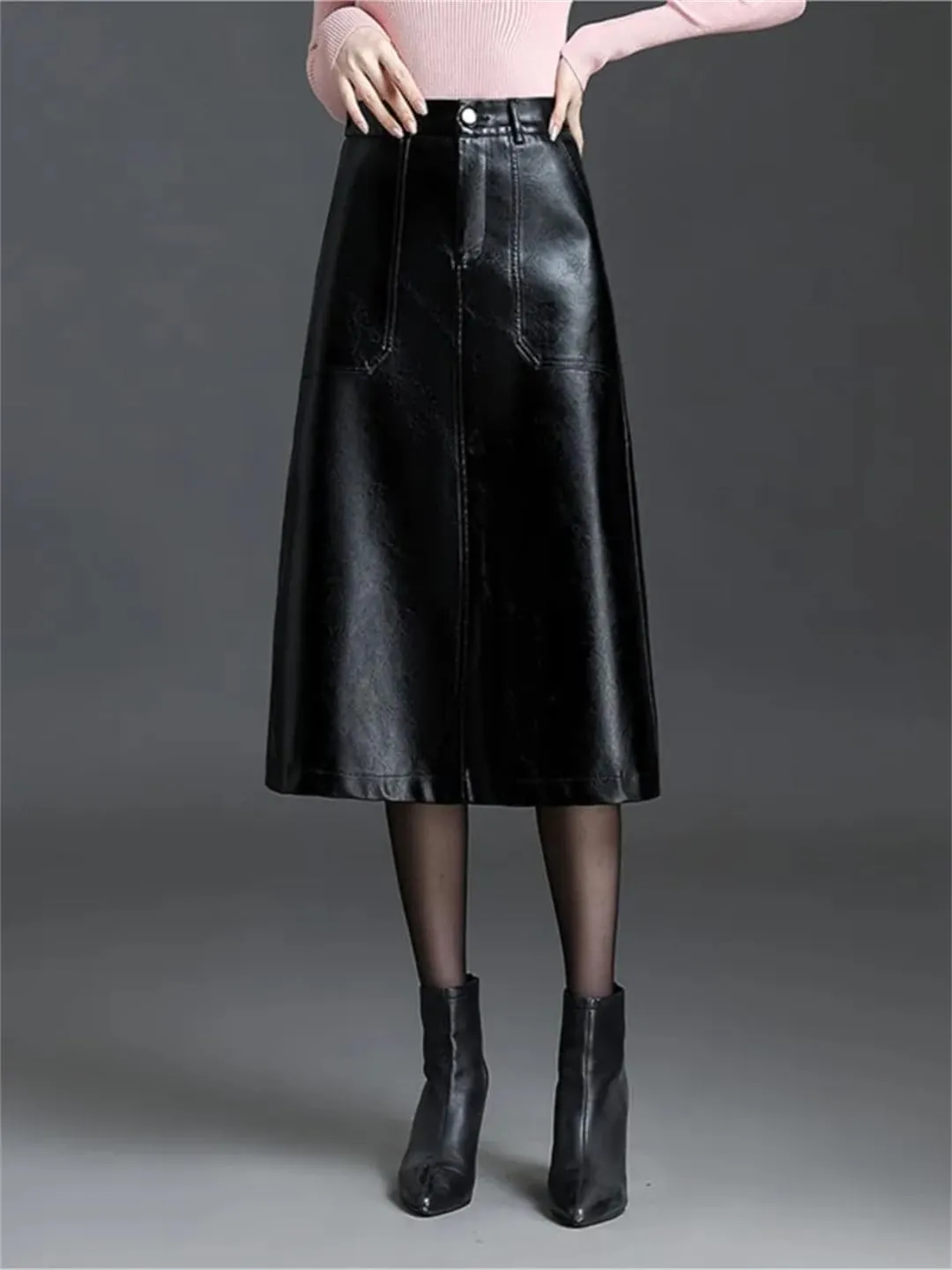 Women Pu Leather A-Line Skirt Elastic Waist Slant Pocket Skirts Midi Casual Solid Skirt