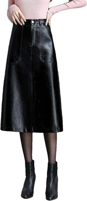 Women Pu Leather A-Line Skirt Elastic Waist Slant Pocket Skirts Midi Casual Solid Skirt