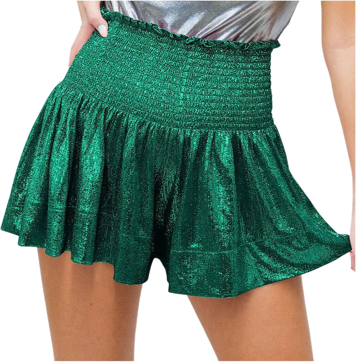 Women Sequin Skirt High Waisted Shorts Glitter Flowy Skirt Layered Shiny Mini Skirt Built in Shorts Club Party Short