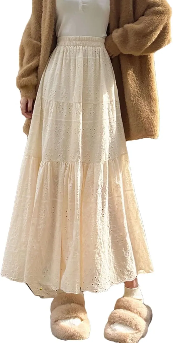 Women Solid Midi Long Skirts Hollow Out Embroidery High Waisted A-Line Pleated Cotton Skirt