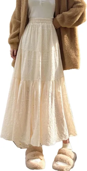 Women Solid Midi Long Skirts Hollow Out Embroidery High Waisted A-Line Pleated Cotton Skirt