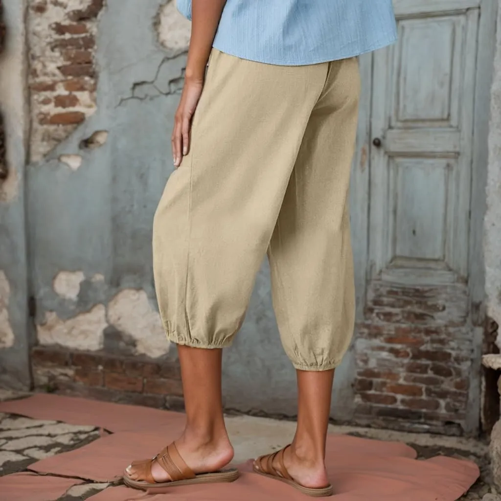 Women Summer Linen Capri Pant High Waist Drawstring Baggy Pant Casual Loose Beach Wide Leg Cropped Trouser with Pocket