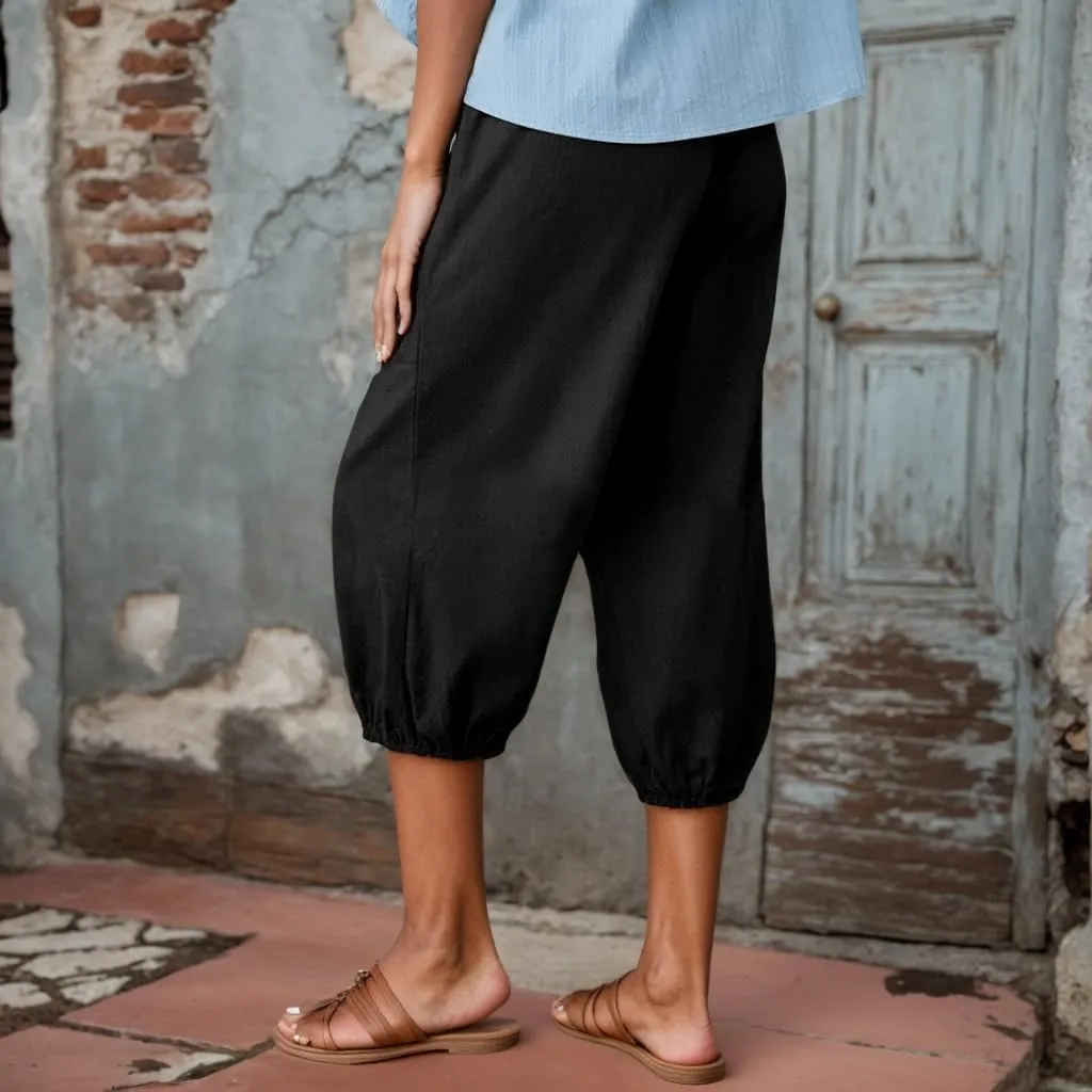 Women Summer Linen Capri Pant High Waist Drawstring Baggy Pant Casual Loose Beach Wide Leg Cropped Trouser with Pocket