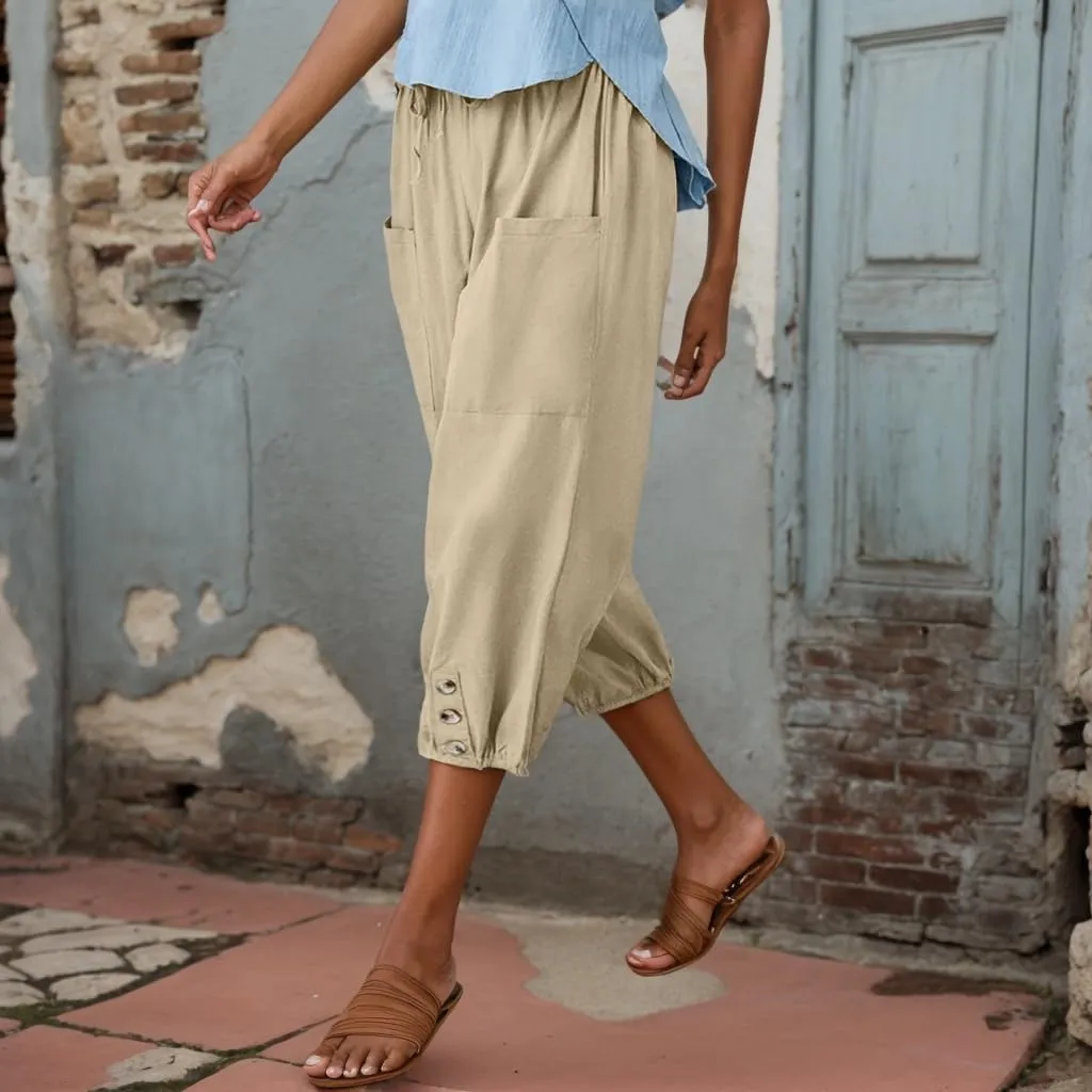 Women Summer Linen Capri Pant High Waist Drawstring Baggy Pant Casual Loose Beach Wide Leg Cropped Trouser with Pocket