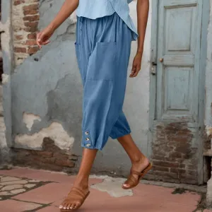 Women Summer Linen Capri Pant High Waist Drawstring Baggy Pant Casual Loose Beach Wide Leg Cropped Trouser with Pocket