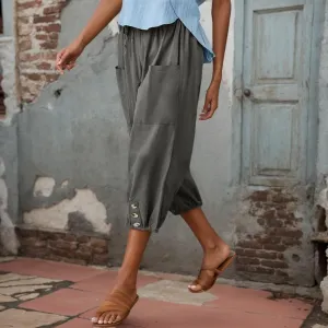 Women Summer Linen Capri Pant High Waist Drawstring Baggy Pant Casual Loose Beach Wide Leg Cropped Trouser with Pocket