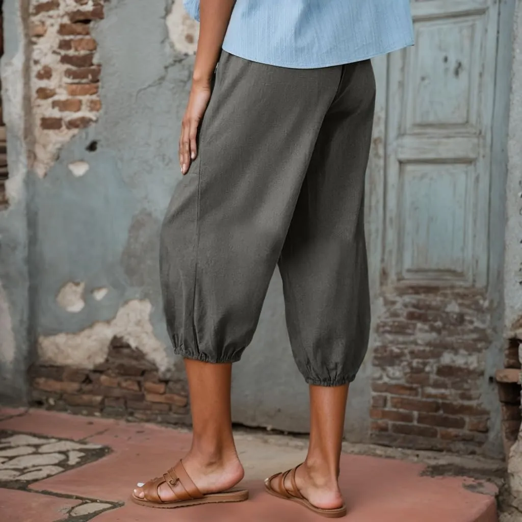Women Summer Linen Capri Pant High Waist Drawstring Baggy Pant Casual Loose Beach Wide Leg Cropped Trouser with Pocket