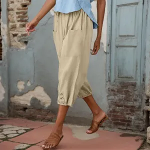 Women Summer Linen Capri Pant High Waist Drawstring Baggy Pant Casual Loose Beach Wide Leg Cropped Trouser with Pocket