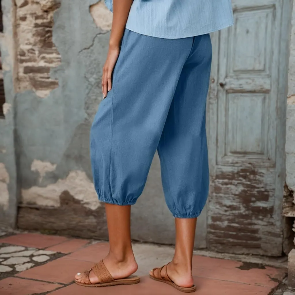 Women Summer Linen Capri Pant High Waist Drawstring Baggy Pant Casual Loose Beach Wide Leg Cropped Trouser with Pocket