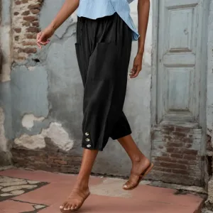 Women Summer Linen Capri Pant High Waist Drawstring Baggy Pant Casual Loose Beach Wide Leg Cropped Trouser with Pocket