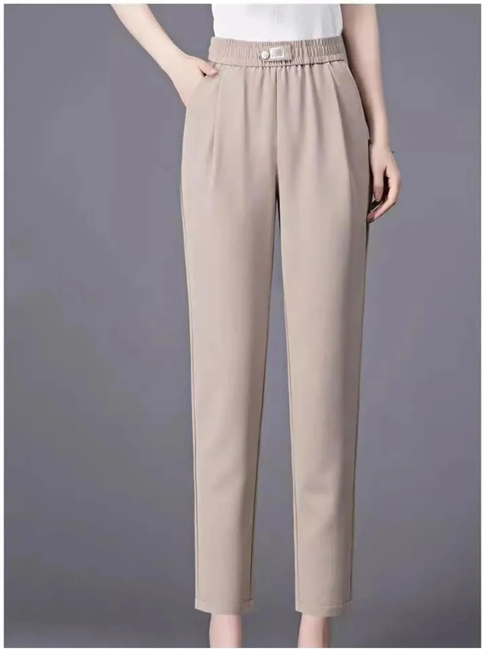 Women Summer Thin Ice Silk Cropped Casual Harem Pants Solid Elastic Waisted Pockets Loose Pencil Trousers