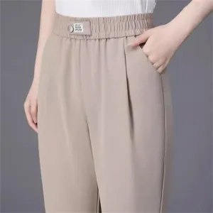 Women Summer Thin Ice Silk Cropped Casual Harem Pants Solid Elastic Waisted Pockets Loose Pencil Trousers