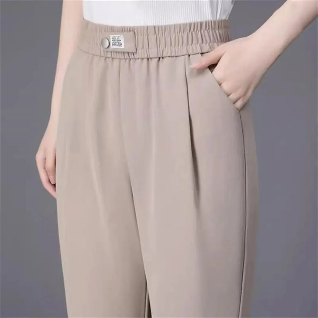 Women Summer Thin Ice Silk Cropped Casual Harem Pants Solid Elastic Waisted Pockets Loose Pencil Trousers