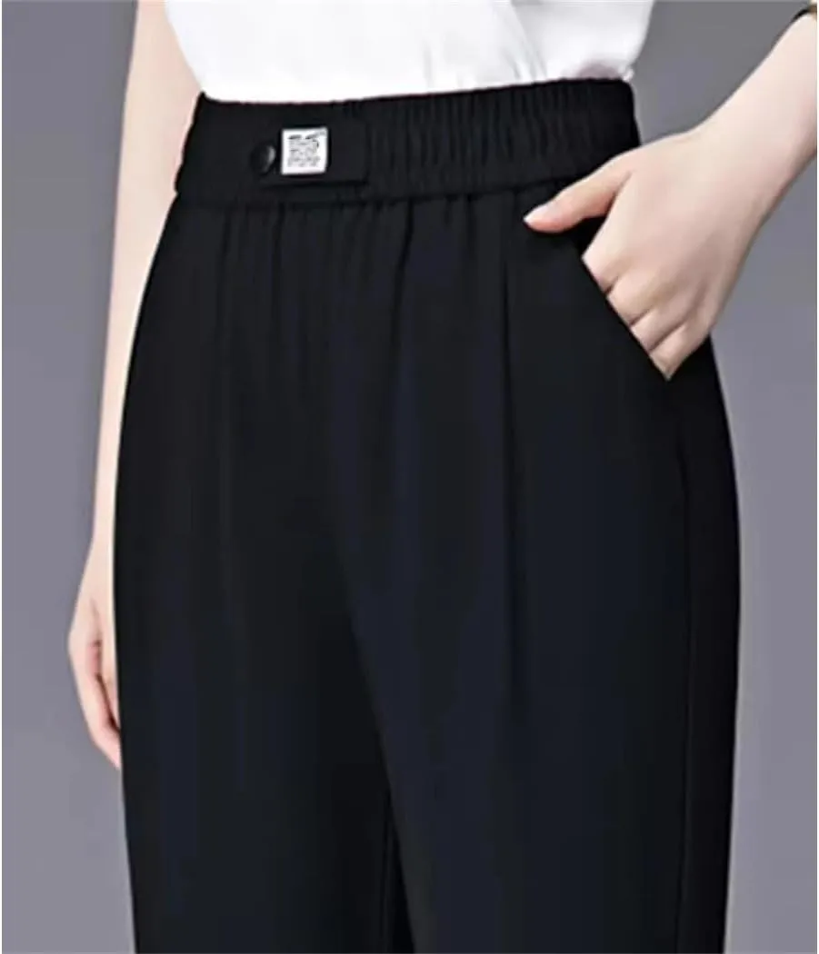 Women Summer Thin Ice Silk Cropped Casual Harem Pants Solid Elastic Waisted Pockets Loose Pencil Trousers