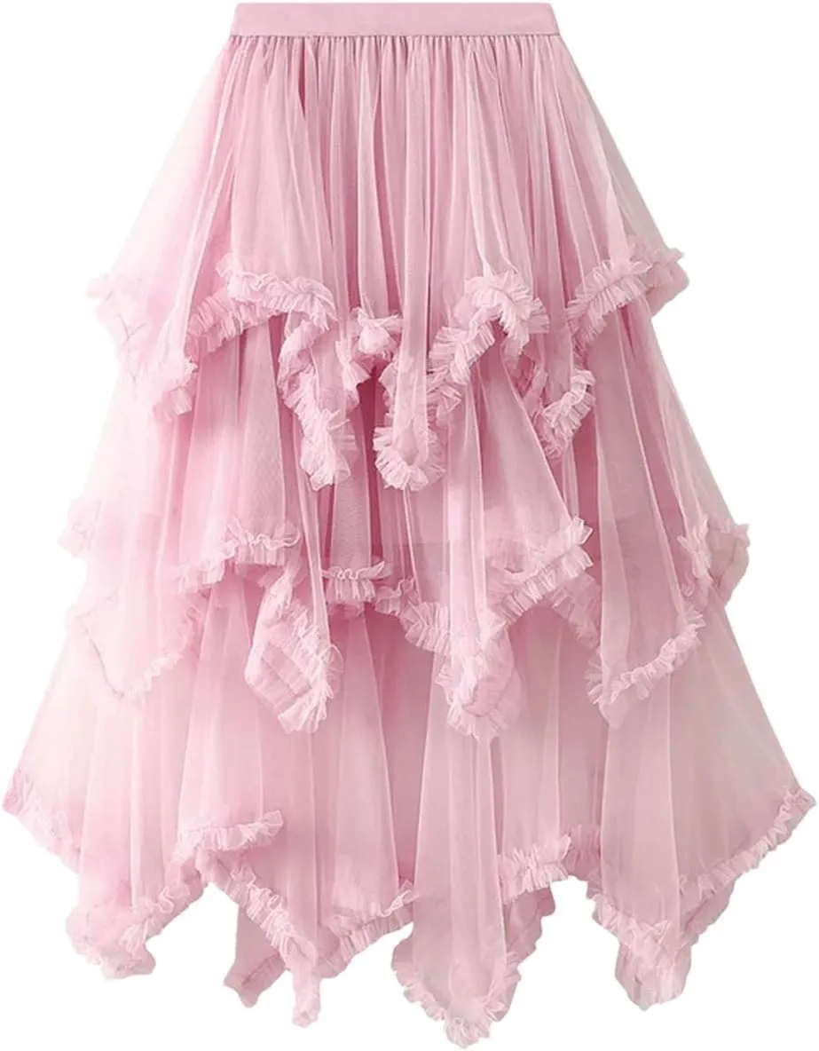 Women Tulle Irregular Elastic Waist Long Skirts High Waist Party Long Solid Maxi Skirt