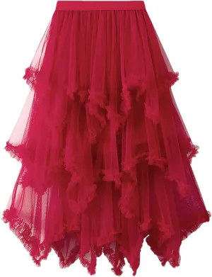 Women Tulle Irregular Elastic Waist Long Skirts High Waist Party Long Solid Maxi Skirt