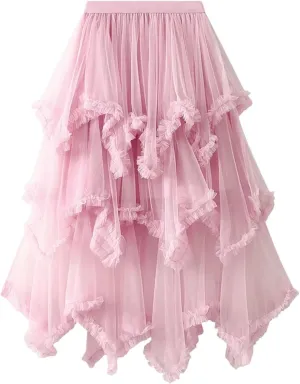 Women Tulle Irregular Elastic Waist Long Skirts High Waist Party Long Solid Maxi Skirt