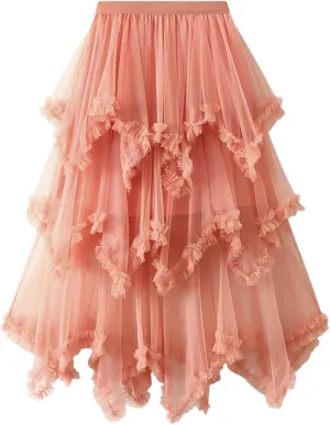 Women Tulle Irregular Elastic Waist Long Skirts High Waist Party Long Solid Maxi Skirt