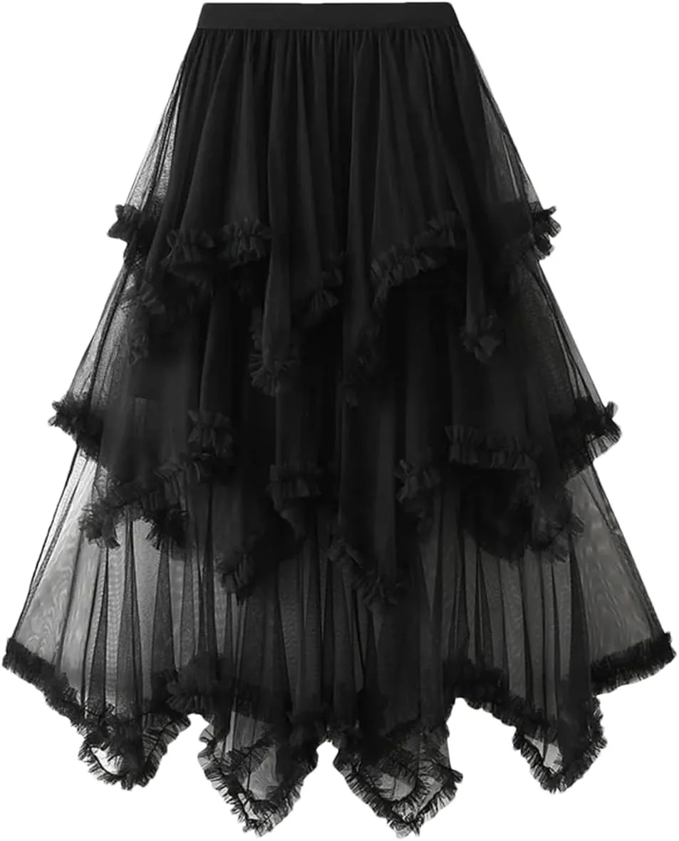 Women Tulle Irregular Elastic Waist Long Skirts High Waist Party Long Solid Maxi Skirt