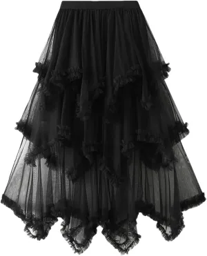 Women Tulle Irregular Elastic Waist Long Skirts High Waist Party Long Solid Maxi Skirt