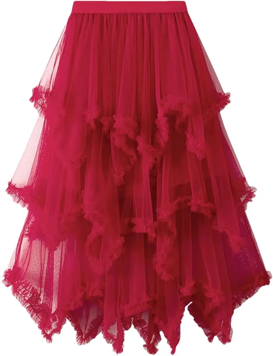 Women Tulle Irregular Elastic Waist Long Skirts High Waist Party Long Solid Maxi Skirt
