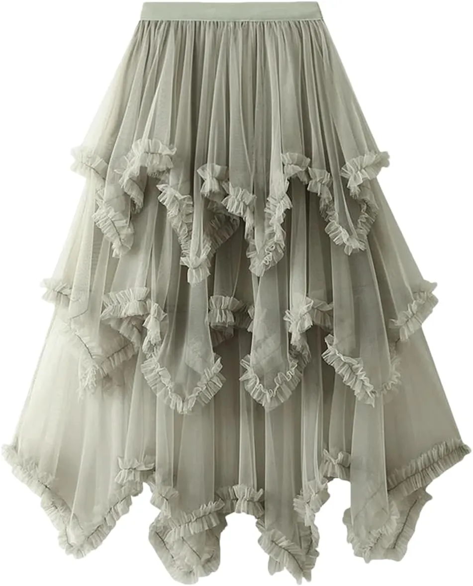 Women Tulle Irregular Elastic Waist Long Skirts High Waist Party Long Solid Maxi Skirt