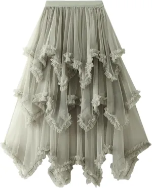 Women Tulle Irregular Elastic Waist Long Skirts High Waist Party Long Solid Maxi Skirt
