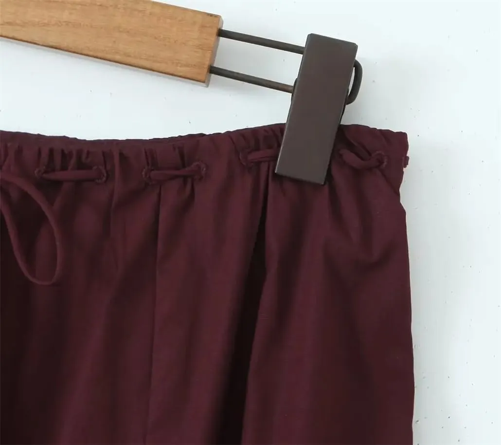 Women Vintage Drawstring Low Waist A-Line Midi Skirt Cotton Holiday Casual Skirts